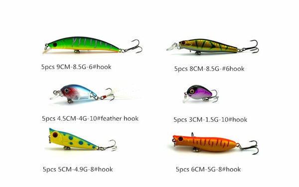HENGJIA 30pcs fishing lure set Mixed models fishing bait 30 colors plastic hard bait fishing tackle