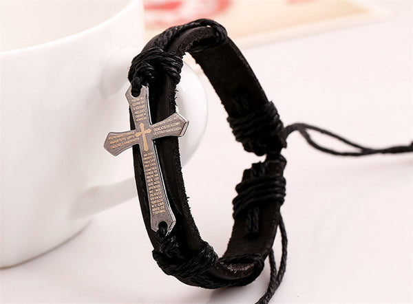 Genuine Leather Bracelet Cross Christian Jewelry Men Women