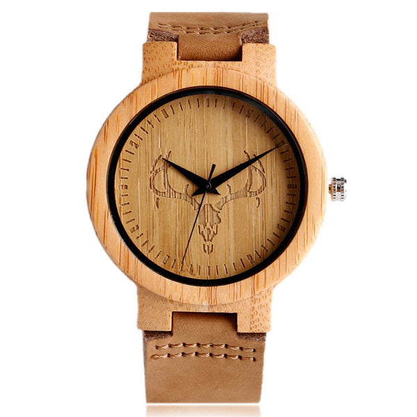 Mens Deer watch handmade Wood Bamboo with Genuine Leather strap
