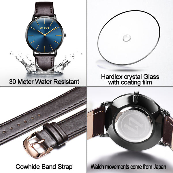 Ultrathin Design Waterproof Watch For Women and Men Leather Band