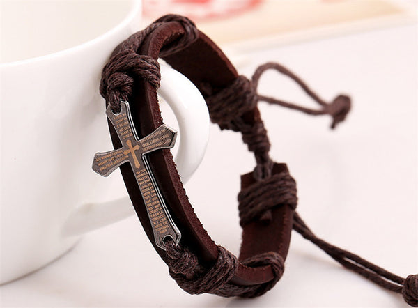 Genuine Leather Bracelet Cross Christian Jewelry Men Women